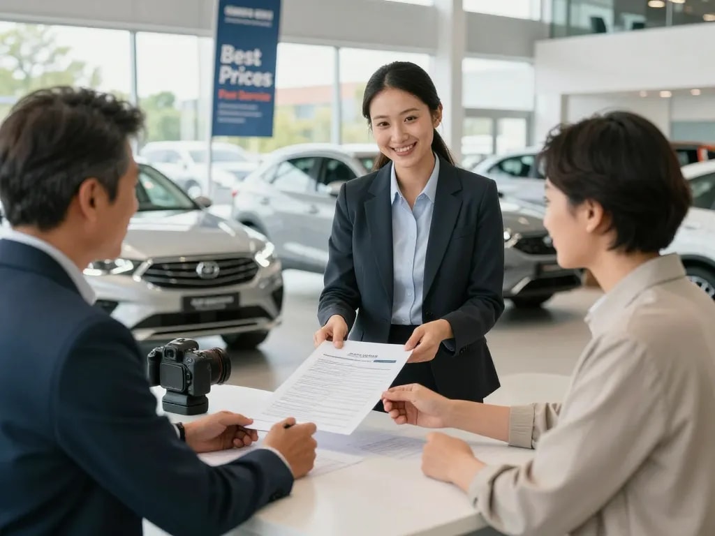 Kundenengagement im Autohandel mit transparentem Fahrzeugbewertungsprozess und optimistischer Atmosphäre.