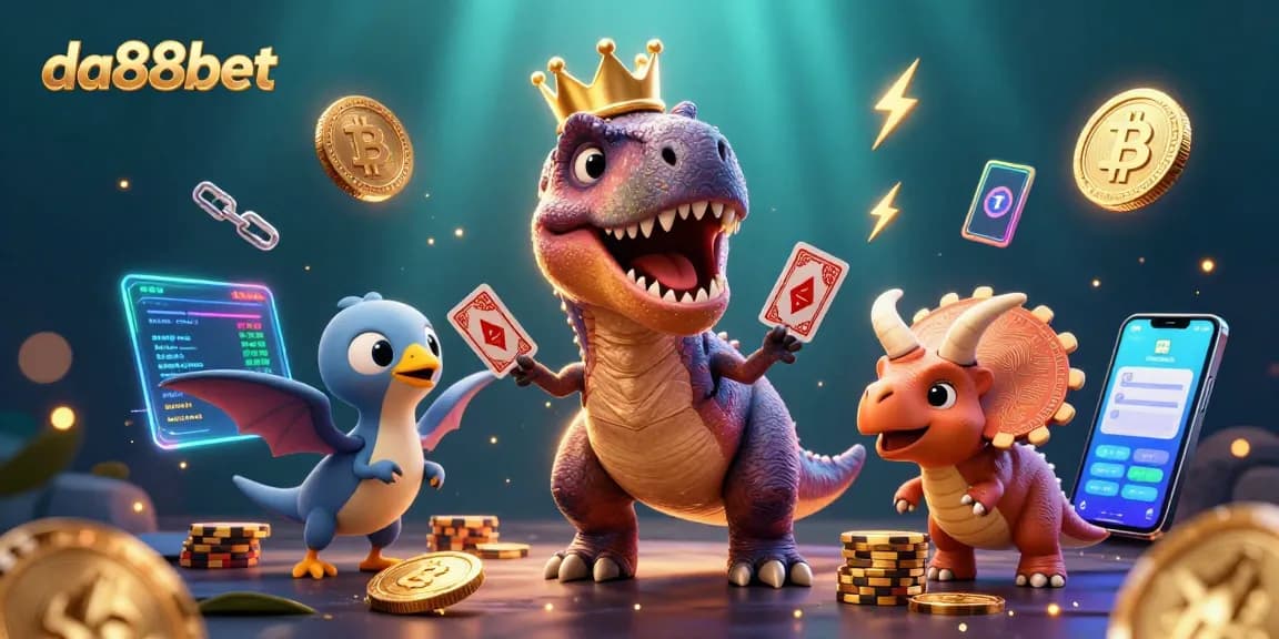 Experience thrilling action with the da88bet casino, featuring a T-Rex shuffling cards and dinosaurs stacking chips.