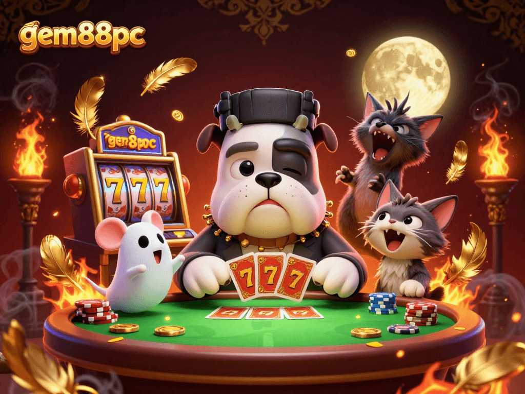 Experience exciting jackpots and gameplay at gem88pc with a vibrant 3D illustration of card games and slots.