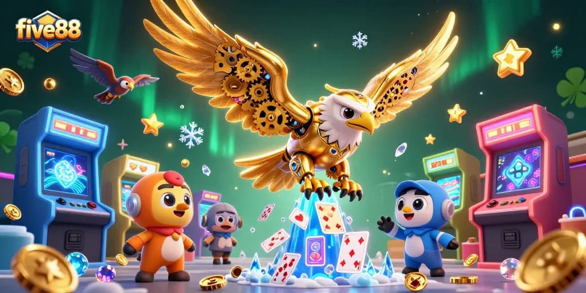 Experience dynamic gaming action with five88, featuring a vibrant casino scene with a golden eagle diving through cards.