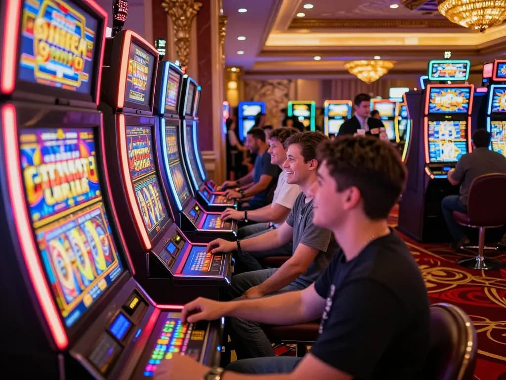 Players enjoying exciting slot gaco machines with vibrant screens and lively casino ambiance
