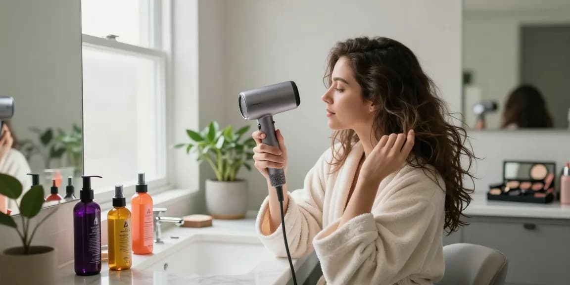 Woman styling hair with a mini hair dryer in a bright, modern bathroom.