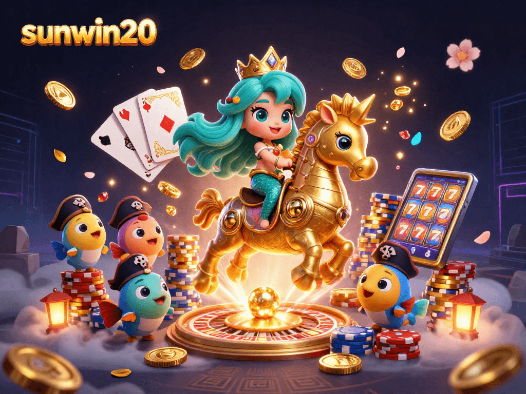 Experience sunwin20's exciting magic with mermaid princess riding a seahorse amid vibrant casino elements.
