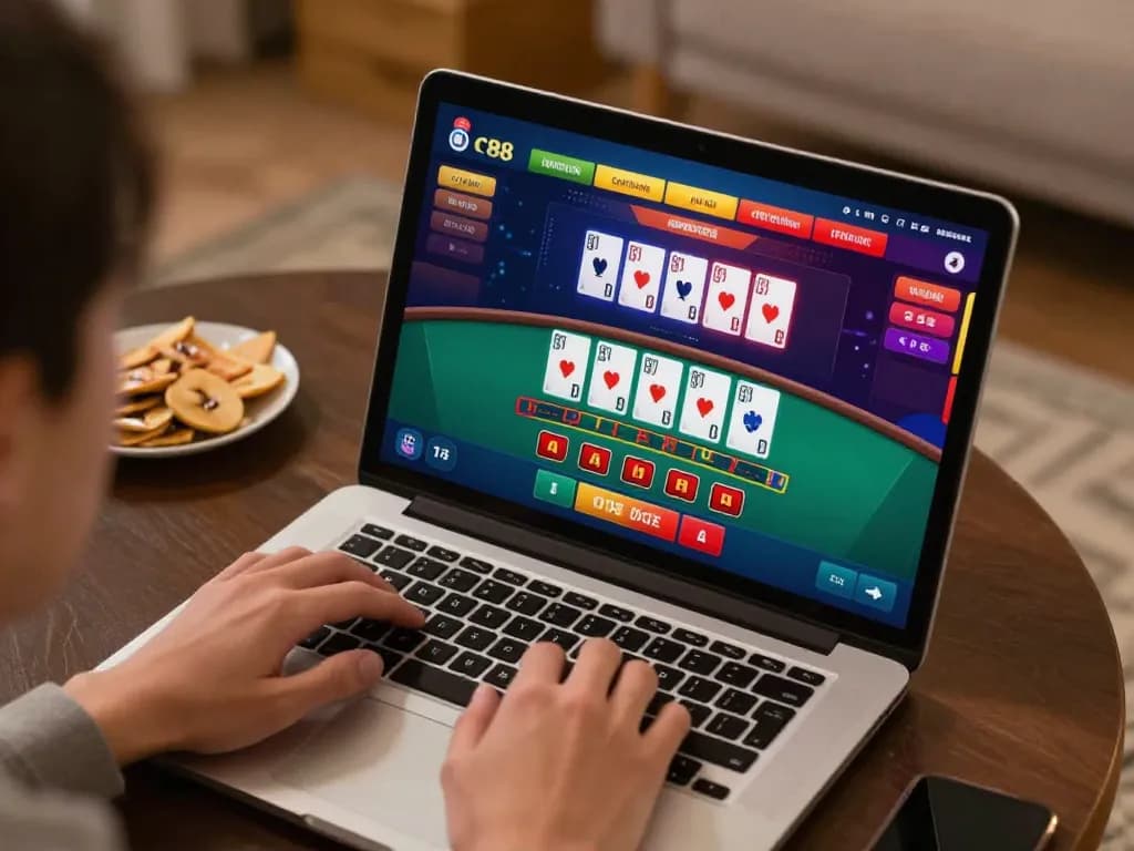 Players enjoying sc88 online casino games on a laptop, showcasing a live dealer blackjack interface in a cozy home setting.