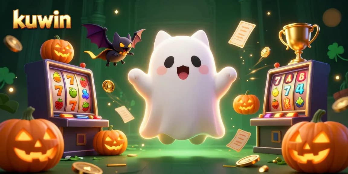 Kuwin’s haunting casino scene with a friendly ghost cat and golden bat showcasing exciting slot games.