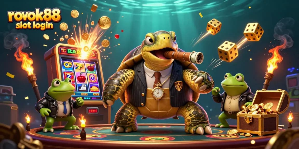 Engage with rokok88 slot login through a lively 3D cartoon scene of unique characters amidst vibrant casino elements.