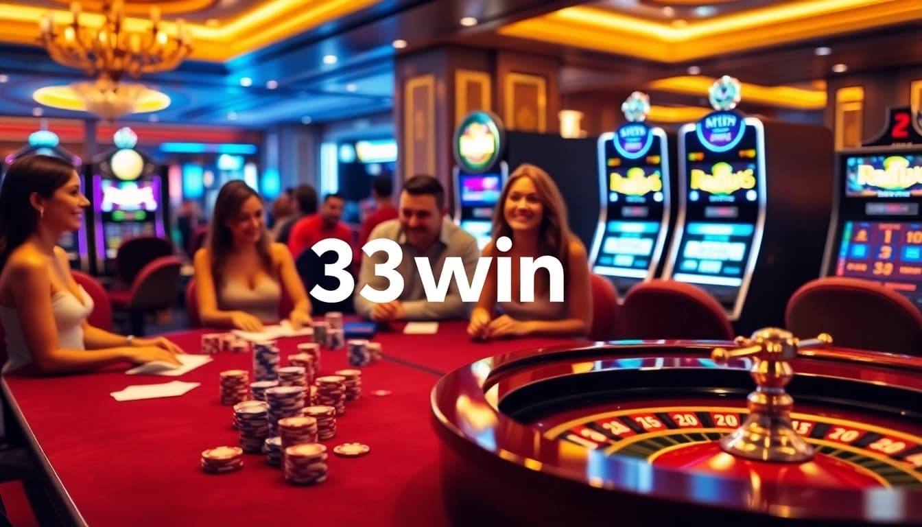 Experience the thrill of playing at 33win casino with vibrant slot machines and a lively poker table.