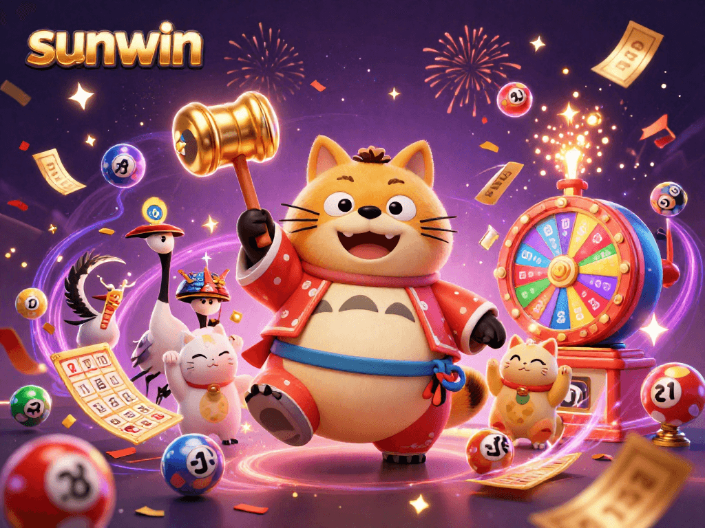 Experience thrilling wins at Sunwin with a lucky tanuki leading the way amidst vibrant game elements.