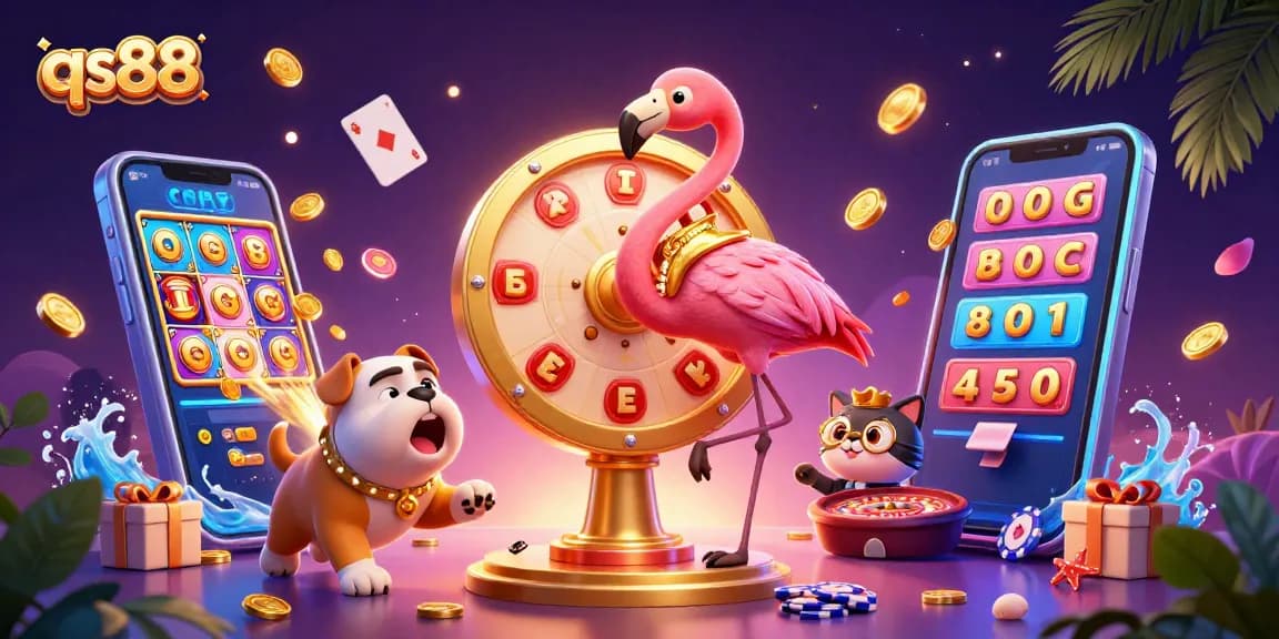 Experience thrilling slots and games at qs88 casino with vibrant illustrations of fun prize scenes.