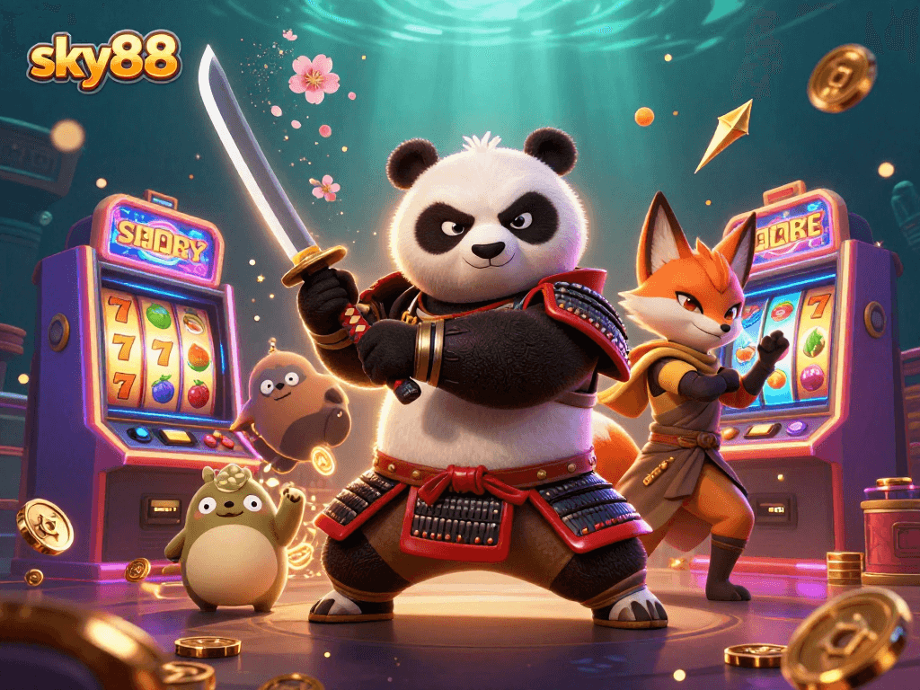 Experience exciting gameplay at sky88 with vibrant samurai panda and colorful slot machines!