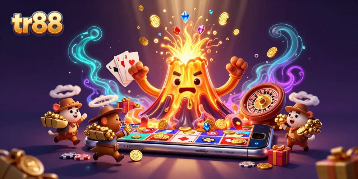 Play exciting games at TR88, featuring treasure-filled volcano and vibrant casino elements.