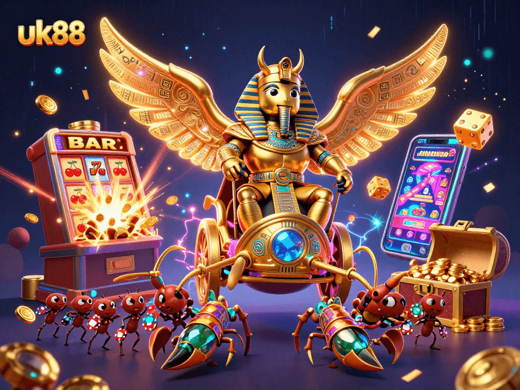 Engage with uk88's thrilling casino experiences featuring a golden scarab beetle and exciting gaming elements.