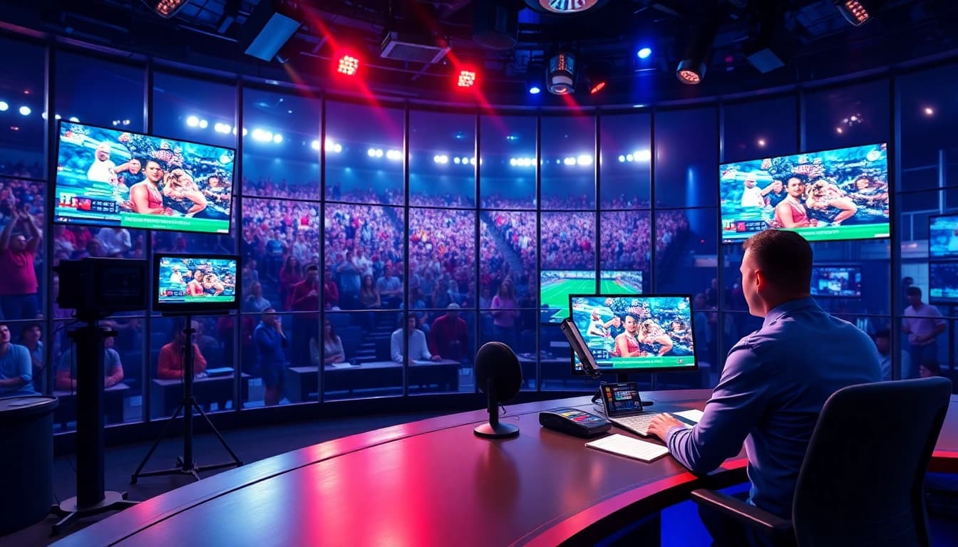Dynamic moment in sports broadcasting with lively atmosphere and energetic announcer.