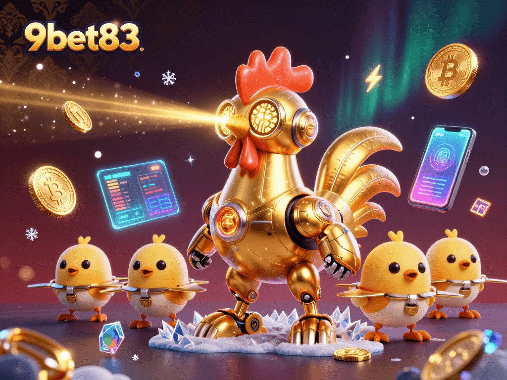 Engage with 9bet83's thrilling casino world featuring a golden rooster robot and crypto elements.
