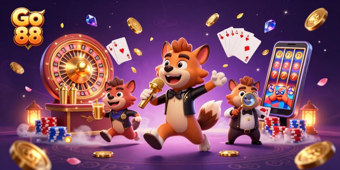 Experience the thrill of Go 88 with hyena characters in a lively casino scene, showcasing gold coins and vibrant games.