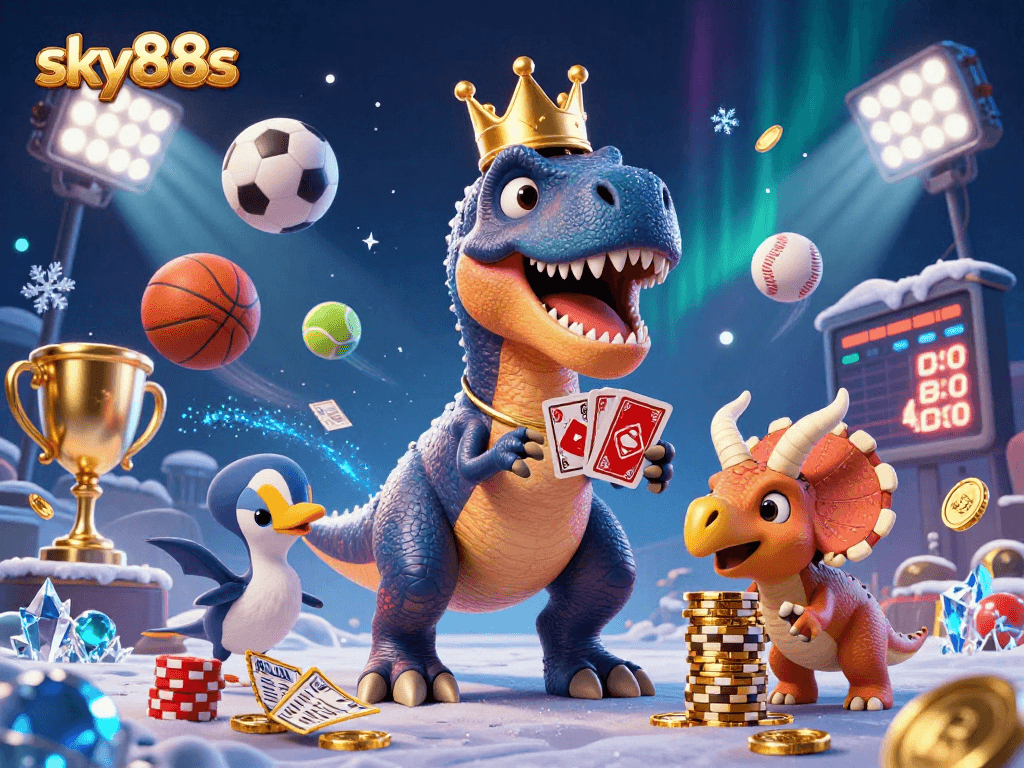 Bet on thrilling games with sky88s, featuring cartoon dinosaurs shuffling cards and stacking chips.