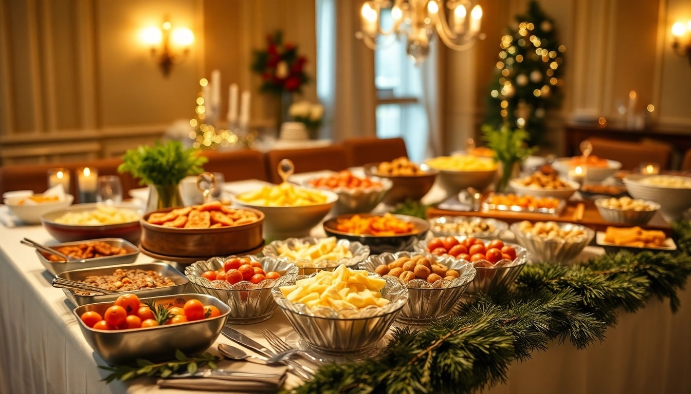 Partyservice bietet eine exquisite Buffet-Auswahl für feierliche Anlässe, dekoriert mit eleganten Tisch-Accessoires.