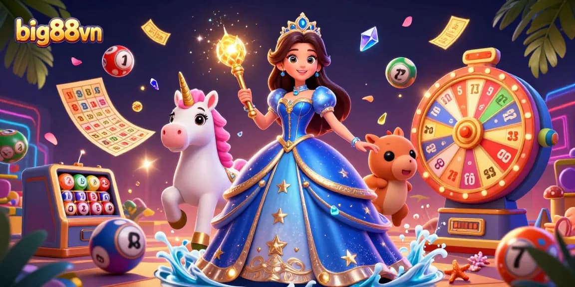 Engage in big88vn's vibrant casino world featuring dynamic lottery balls and enchanting characters.