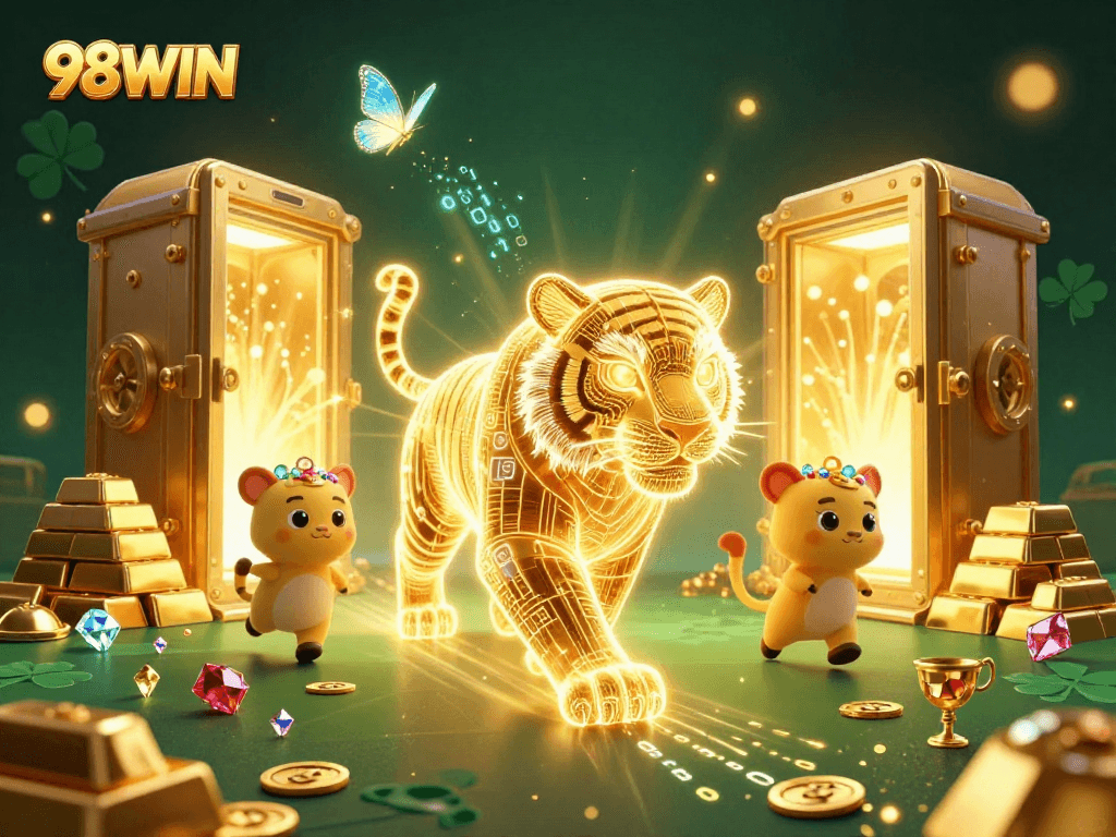 Experience immersive gaming at 98WIN with a vibrant casino scene filled with exciting rewards and energy.