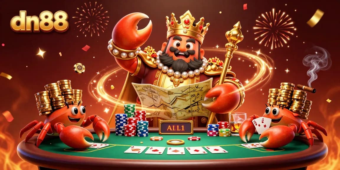 Engage with dn88's vibrant casino scene featuring a golden crab emperor ruling over a poker table.