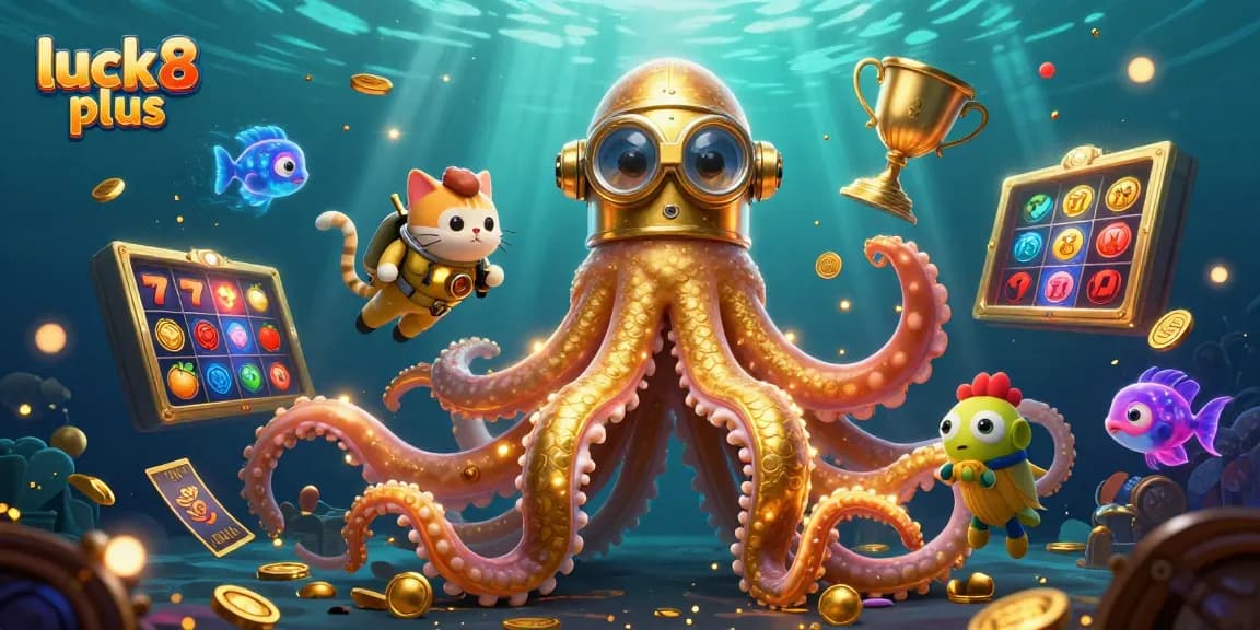 Engage with luck8 plus as the kraken showcases radiant slot symbols and a diving cat in a vibrant underwater casino.