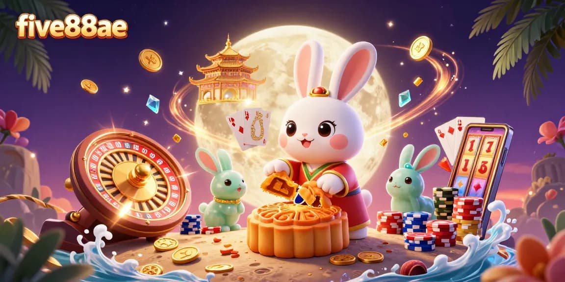 Experience excitement at five88ae with a whimsical moon rabbit revealing poker chips, surrounded by cascading coins.