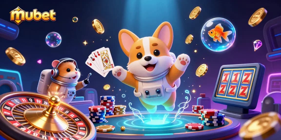 Join the festive action at mubet with colorful chips and coins floating around in a lively casino scene.