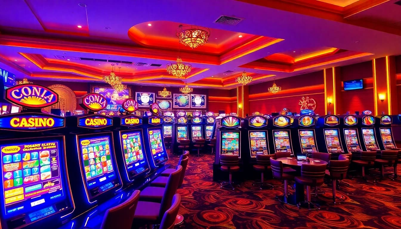 Genießen Sie Casino Bonus Aktionen in einem lebhaften Casino mit bunten Spielautomaten und strahlendem Ambiente.