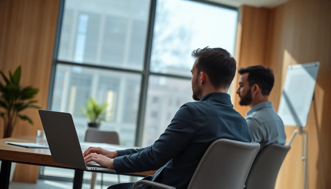 Headhunter IT, der in einem modernen Büro mit einem Bewerber spricht.