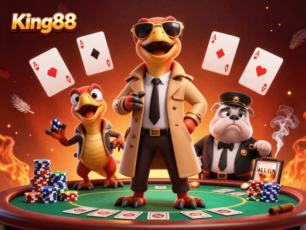 Engage with King88's thrilling VIP casino lounge as raptors in disguise charm the bouncer!