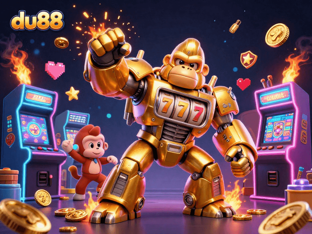 Engage with du88's colorful casino universe, featuring a golden mech and arcade elements.
