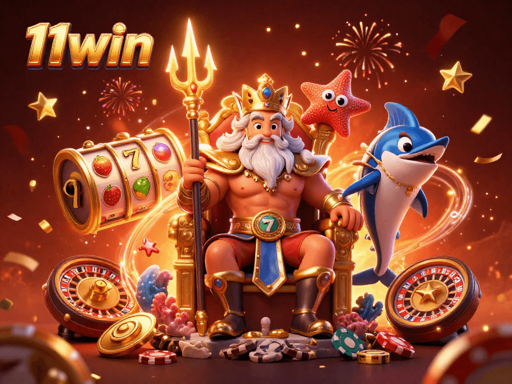 11win players enjoying vibrant slots and casino games in an ultra-detailed 3D scene.