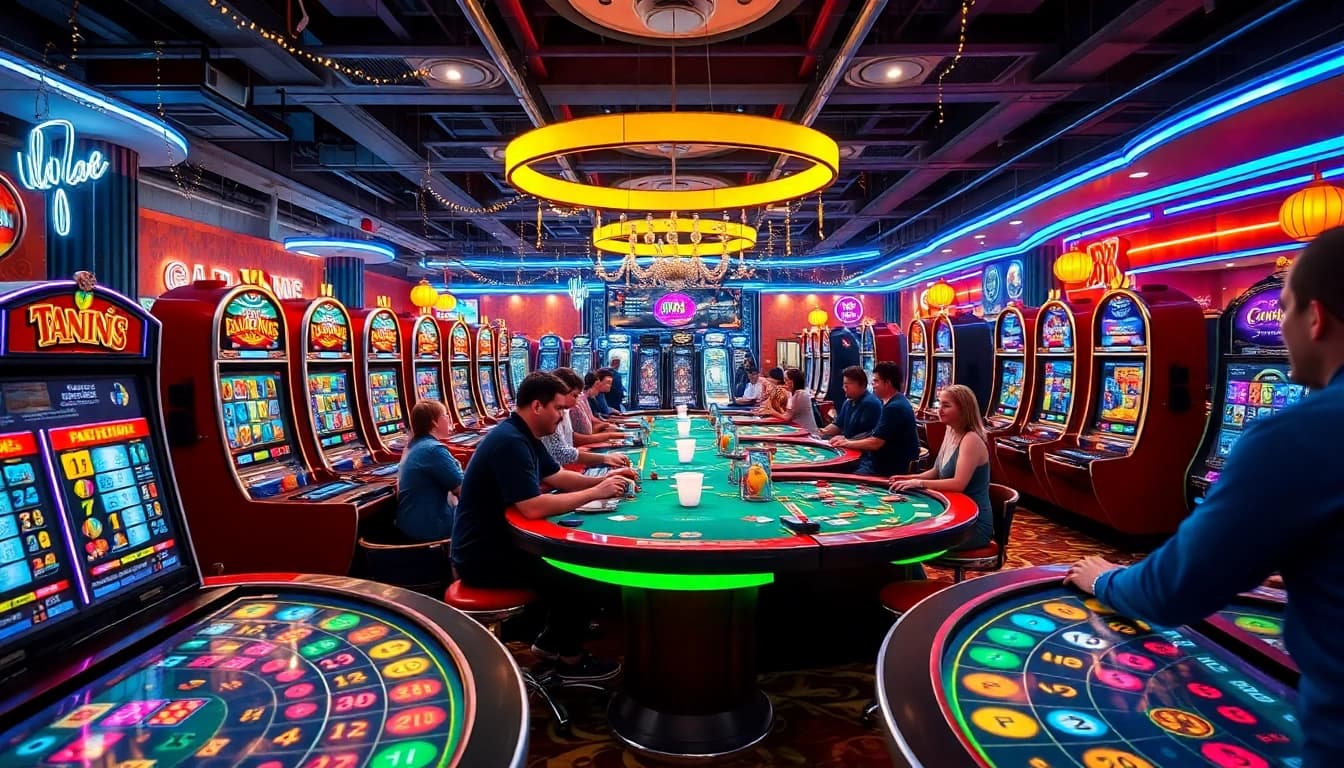 Erleben Sie aufregende Spiele im Casino Online mit leuchtenden Spielautomaten und begeisterten Spielern.