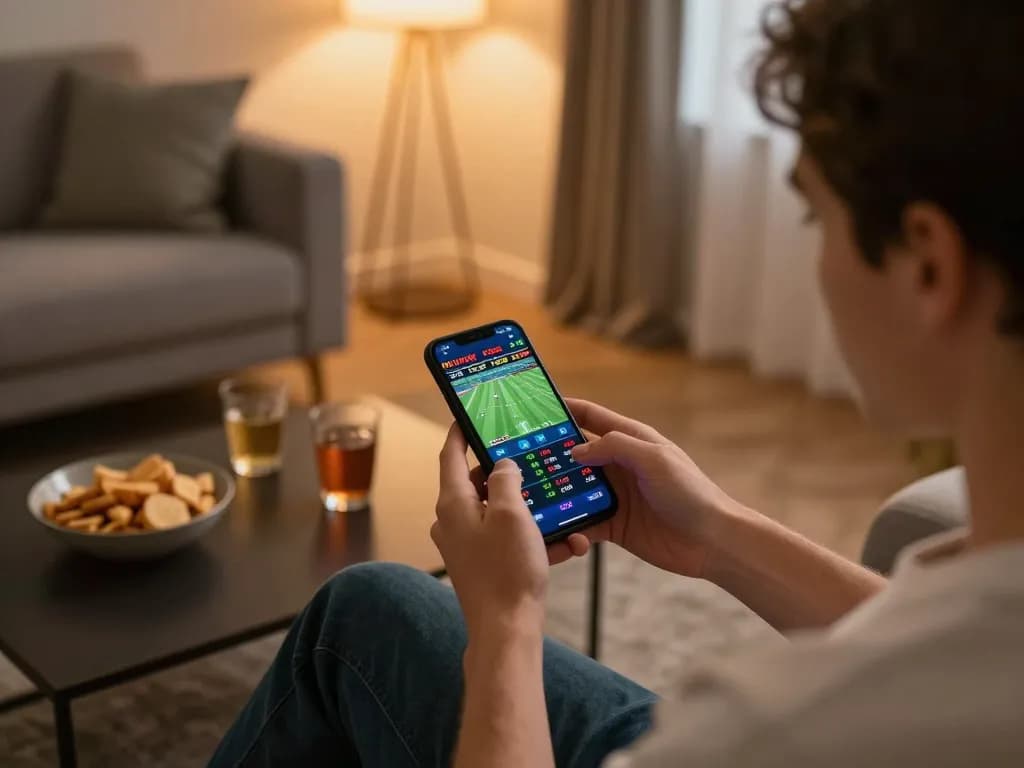 PH22 user placing live sports bets on smartphone, showcasing dynamic betting interface in a cozy home environment.