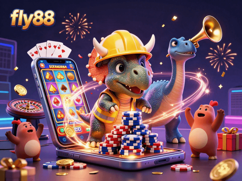 Fly88 celebrates gaming with a triceratops building poker chips amid vibrant slot and casino elements.