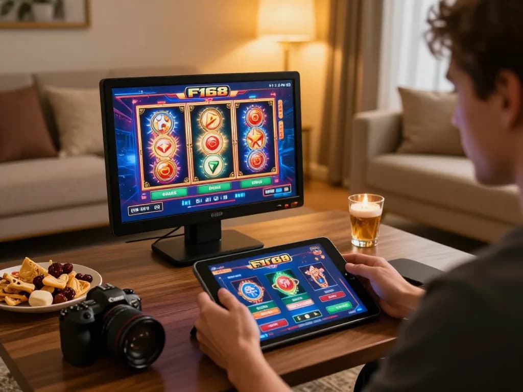 F168 player engaged in online slots excitement at home, vibrant screens and strategic setup