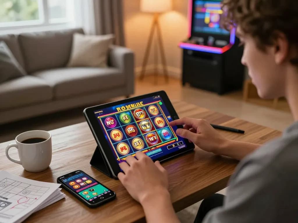Player spinning nổ hũ on a tablet, showcasing a cozy online gaming atmosphere with strategy notes.