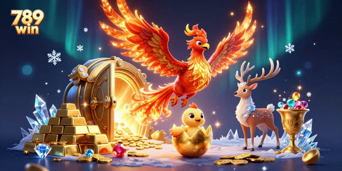 Experience the thrill of 789 win with a dynamic scene featuring a phoenix and treasures!