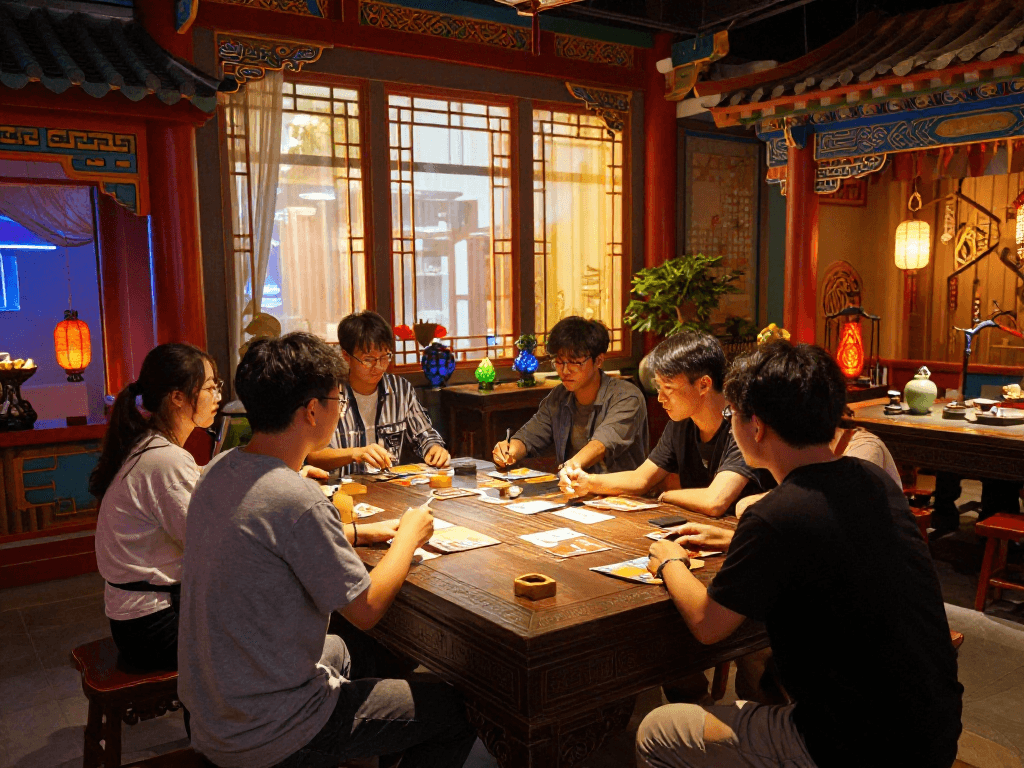 Players engaging in an immersive rokok88 adventure within The Orient Play, exploring a mysterious room filled with Eastern architecture.