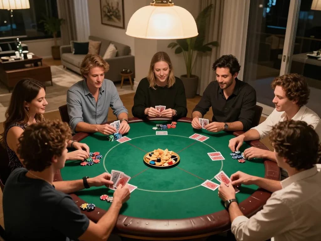 Enjoying a thrilling toto slot game night with friends around a poker table, showcasing camaraderie and excitement.