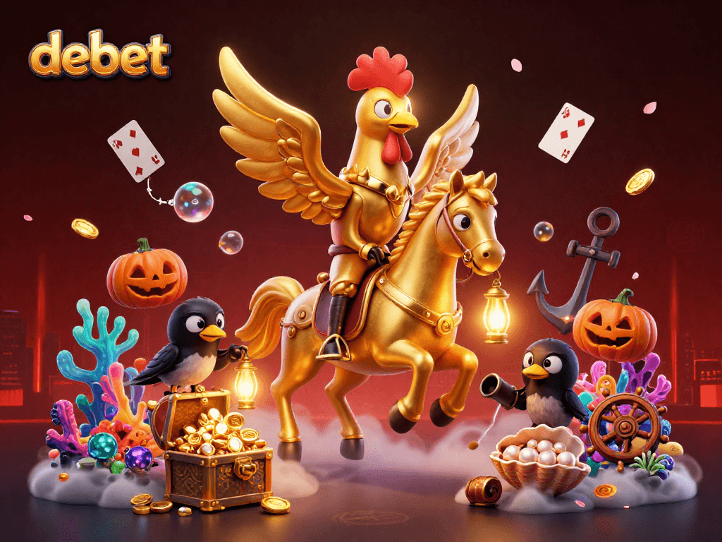 Experience thrilling debet action with a golden rooster in a midnight casino, amidst glowing treasures and lively companions.