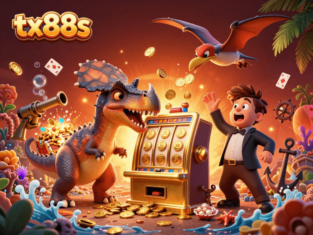 Experience the excitement of tx88s as a pachycephalosaurus wins jackpots and flying coins in a vibrant casino setting.