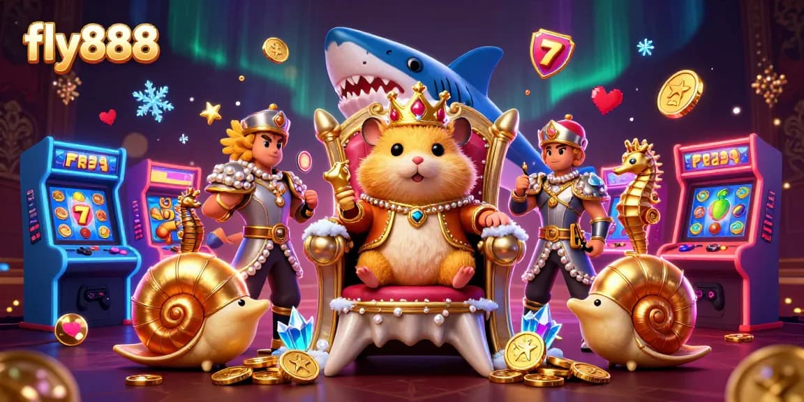 Play exciting slots and jackpot games at fly888 with the unique hamster king in a dazzling casino scene.