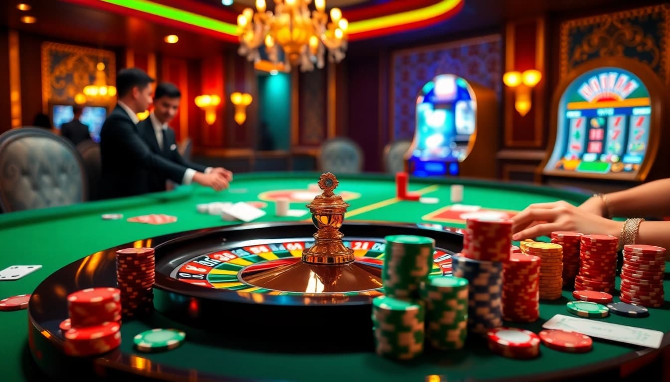 A thrilling casino atmosphere featuring mv88-themed roulette table gameplay, vibrant poker chips, and cards.