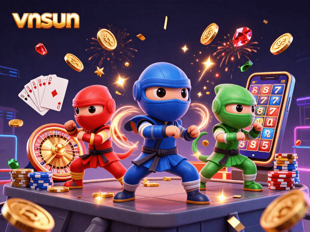 Experience the thrill of gaming at vnsun with visual excitement from animated chameleons in a vibrant casino setting.