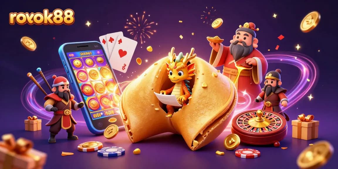 Engage with rokok88's thrilling casino experience featuring a dynamic golden dragon and fortune cookie scene.