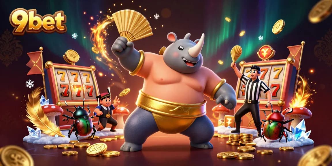 A lively 3D illustration of 9bet's sumo beetle champion amidst cascading coins and slot elements, embodying casino excitement.