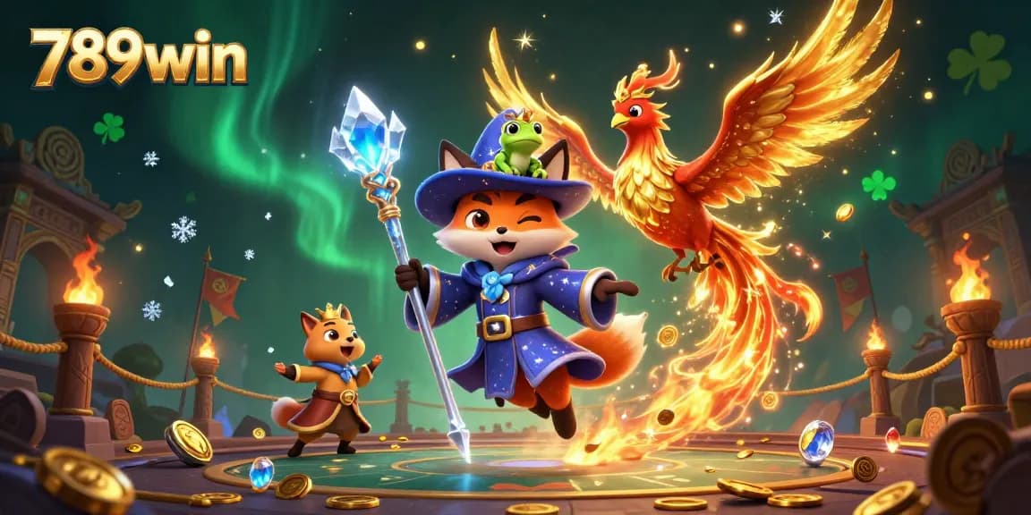 Experience the excitement of 789win with a magical scene featuring a wizard fox and phoenix.