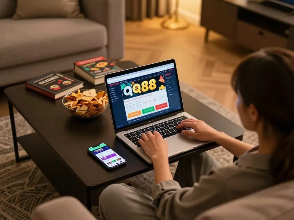 Engaged user playing on QQ88 COM online casino interface at home, reflecting responsible gambling.