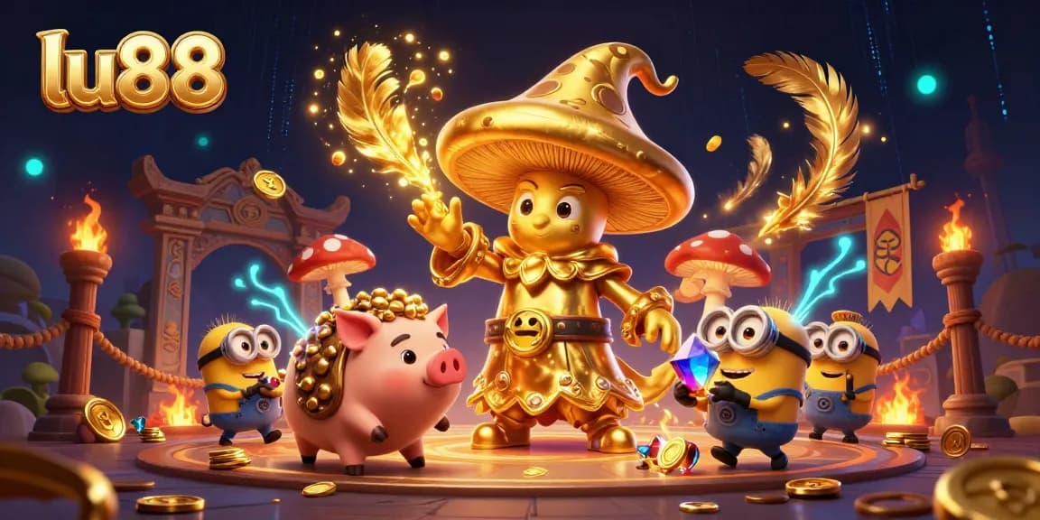 Experience thrilling moments with lu88's magical golden mushrooms and treasure elements in an immersive casino atmosphere.